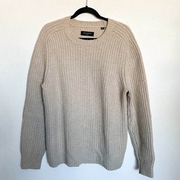 All Saints Ribbed Crewneck Oversized Knit Sweater Wool Small Tan Khaki Classic - Picture 1 of 9